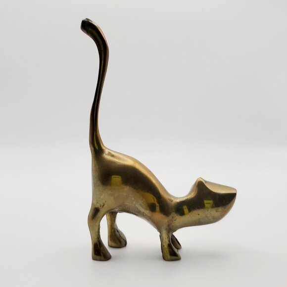 Vtg MCM Solid Brass Ring Holder Cats 2pcs | A Pair of Cat Figurines Dresser Top - Picture 3 of 9